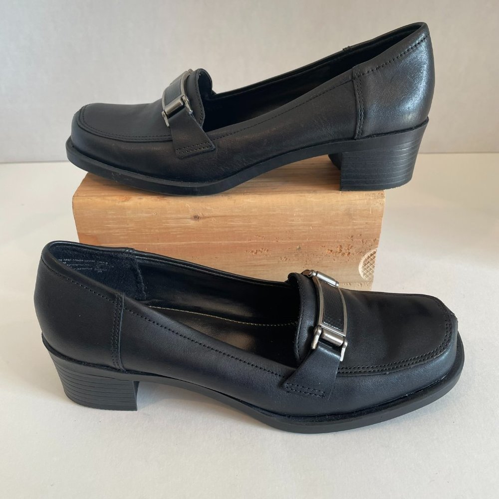 Classic Black Women's Low Heel Loafers with Silver Buckle